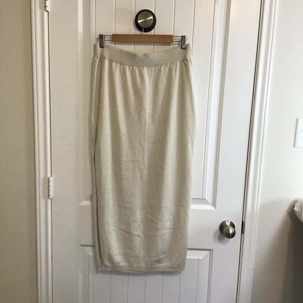Anthropologie Metallic Knit Midi Skirt Large Cream Gold Side Slits Elegant NWT - Picture 2 of 9